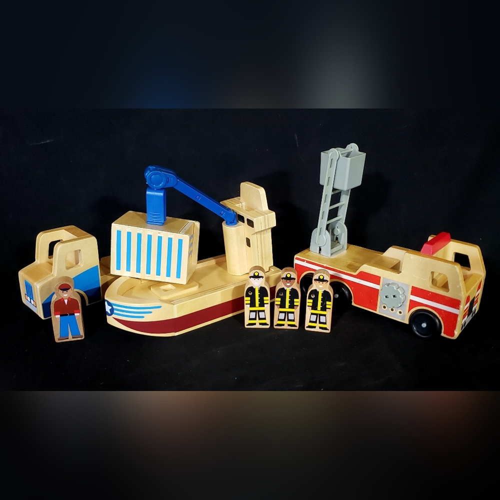 Melissa & Doug Whittle World- Cargo Ship,  Truck & Fire Engine